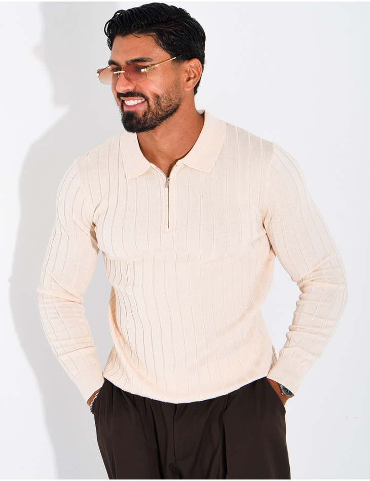 Pullover aus Rippstrick mit Polo-Kragen und Reißverschluss