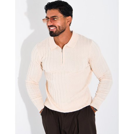 Pullover aus Rippstrick mit Polo-Kragen und Reißverschluss