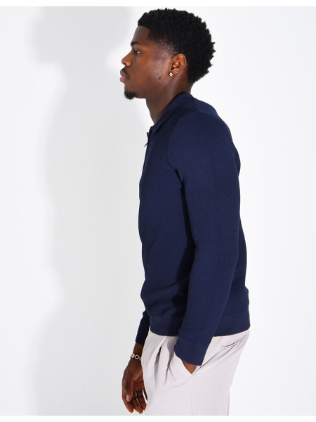 Pullover aus Wabenmuster-Strick mit Polo-Kragen und Reißverschluss