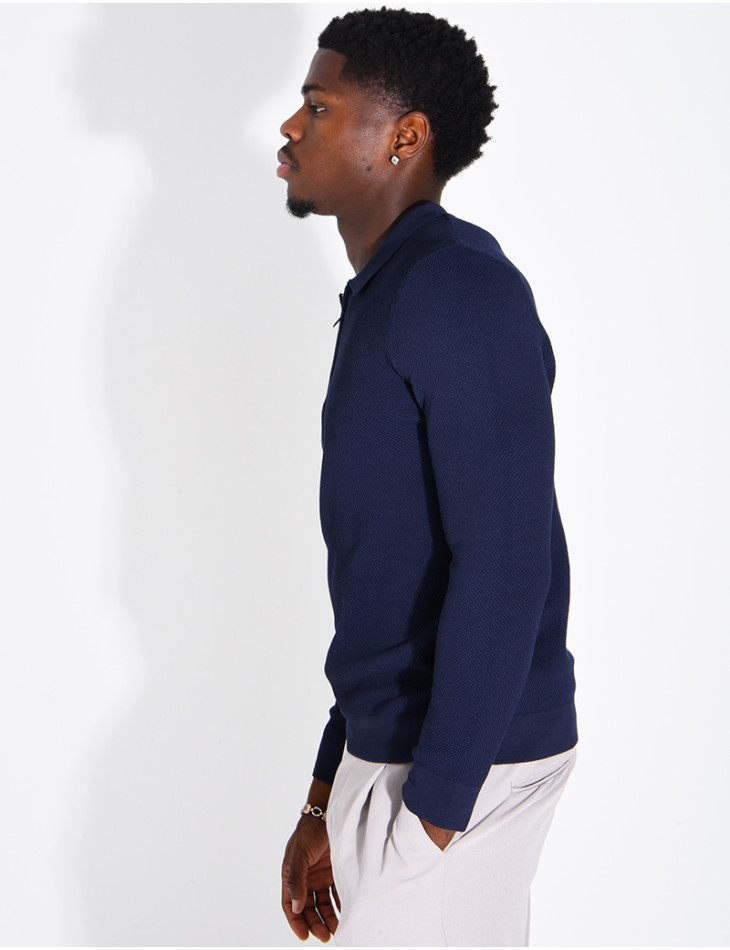 Pullover aus Wabenmuster-Strick mit Polo-Kragen und Reißverschluss