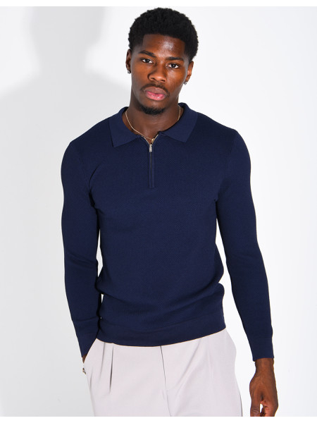 Pullover aus Wabenmuster-Strick mit Polo-Kragen und Reißverschluss