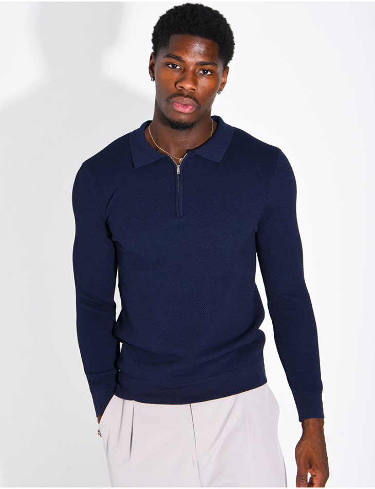 Pullover aus Wabenmuster-Strick mit Polo-Kragen und Reißverschluss