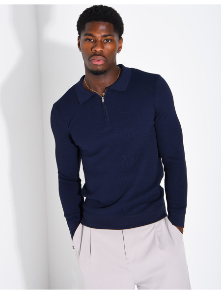 Pullover aus Wabenmuster-Strick mit Polo-Kragen und Reißverschluss