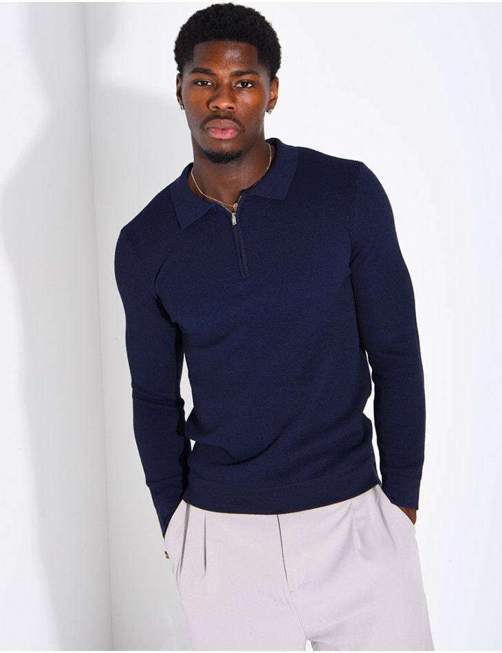 Pullover aus Wabenmuster-Strick mit Polo-Kragen und Reißverschluss