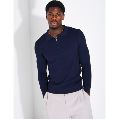 Pullover aus Wabenmuster-Strick mit Polo-Kragen und Reißverschluss