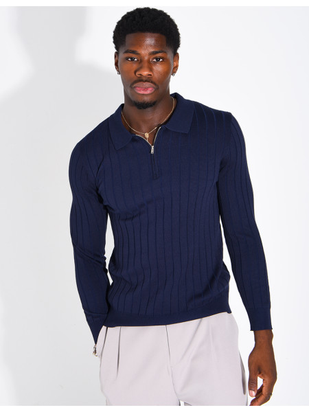 Pullover aus Rippstrick mit Polo-Kragen und Reißverschluss