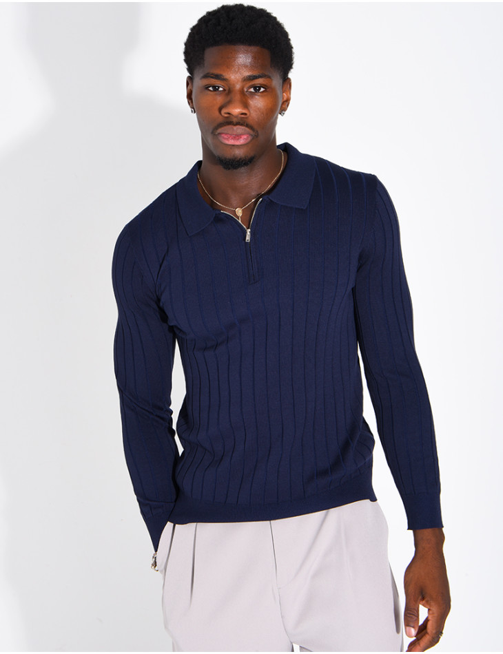Pullover aus Rippstrick mit Polo-Kragen und Reißverschluss