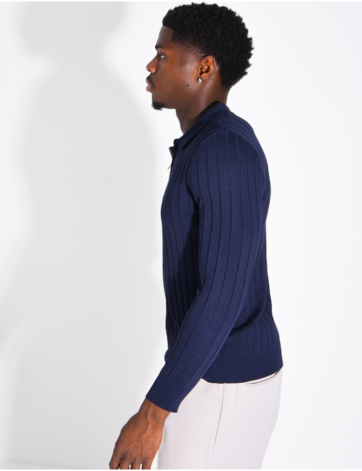 Pullover aus Rippstrick mit Polo-Kragen und Reißverschluss