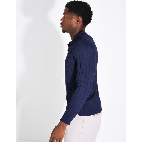 Pullover aus Rippstrick mit Polo-Kragen und Reißverschluss