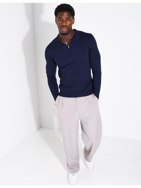Pullover aus Rippstrick mit Polo-Kragen und Reißverschluss