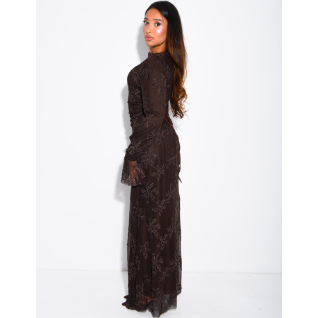 Long dress in lined tulle with embroidered motifs