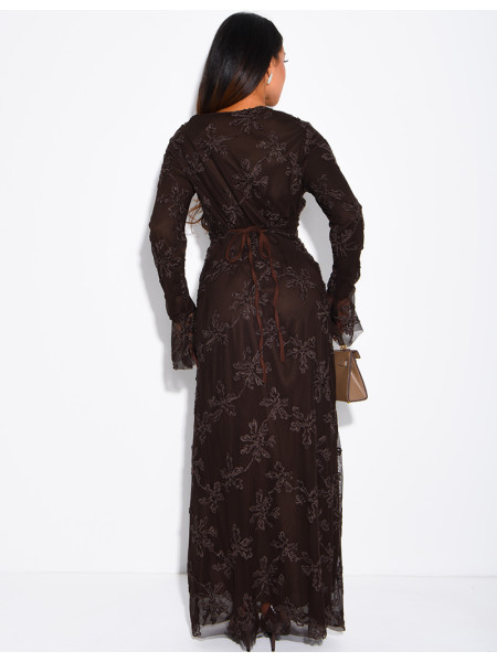 Long dress in lined tulle with embroidered motifs