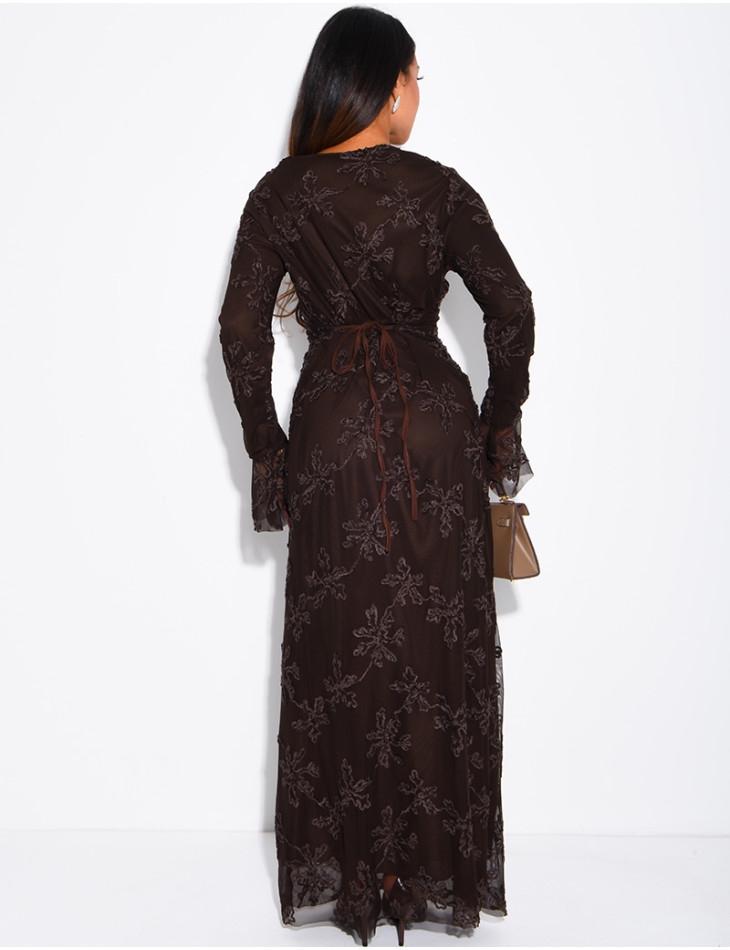 Long dress in lined tulle with embroidered motifs