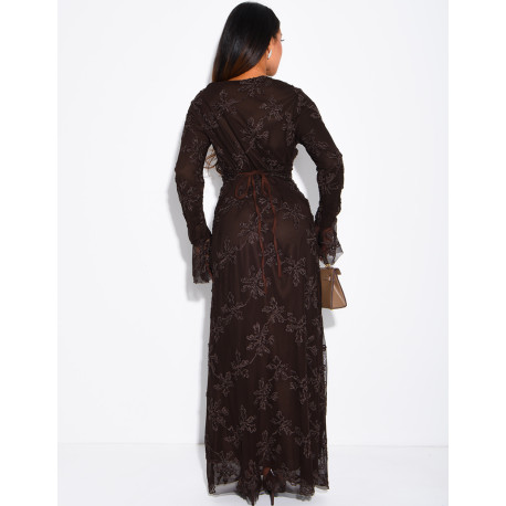 Long dress in lined tulle with embroidered motifs