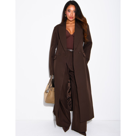 Manteau style blazer très long cintré à la taille