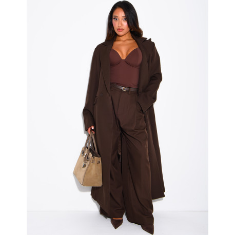 Manteau style blazer très long cintré à la taille