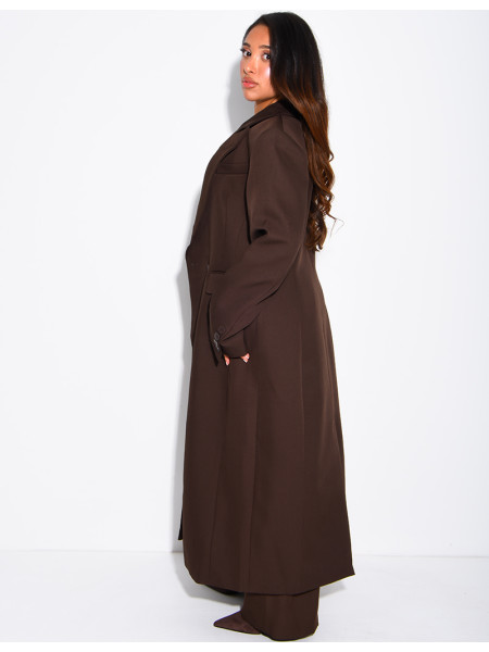 Manteau style blazer très long cintré à la taille