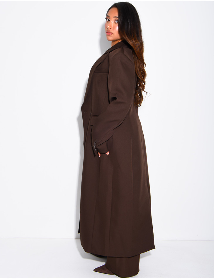 Manteau style blazer très long cintré à la taille