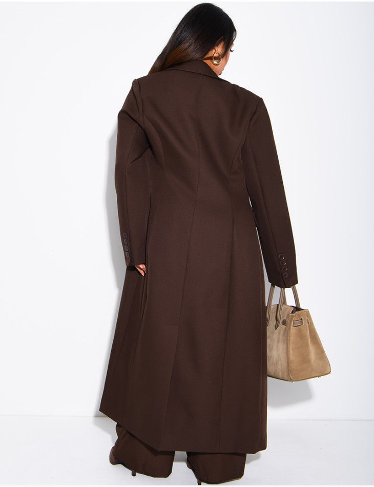 Manteau style blazer très long cintré à la taille