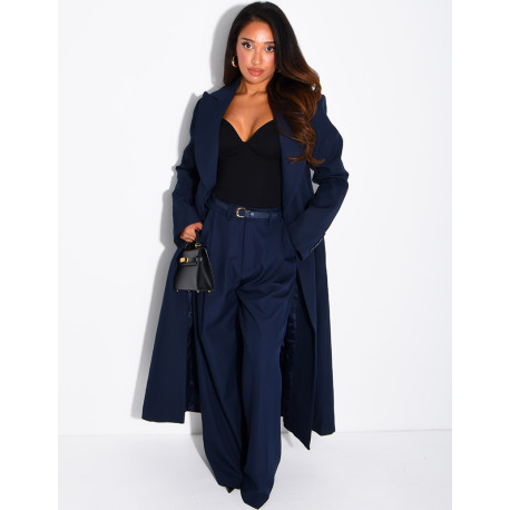 Manteau style blazer très long cintré à la taille