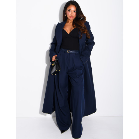 Manteau style blazer très long cintré à la taille