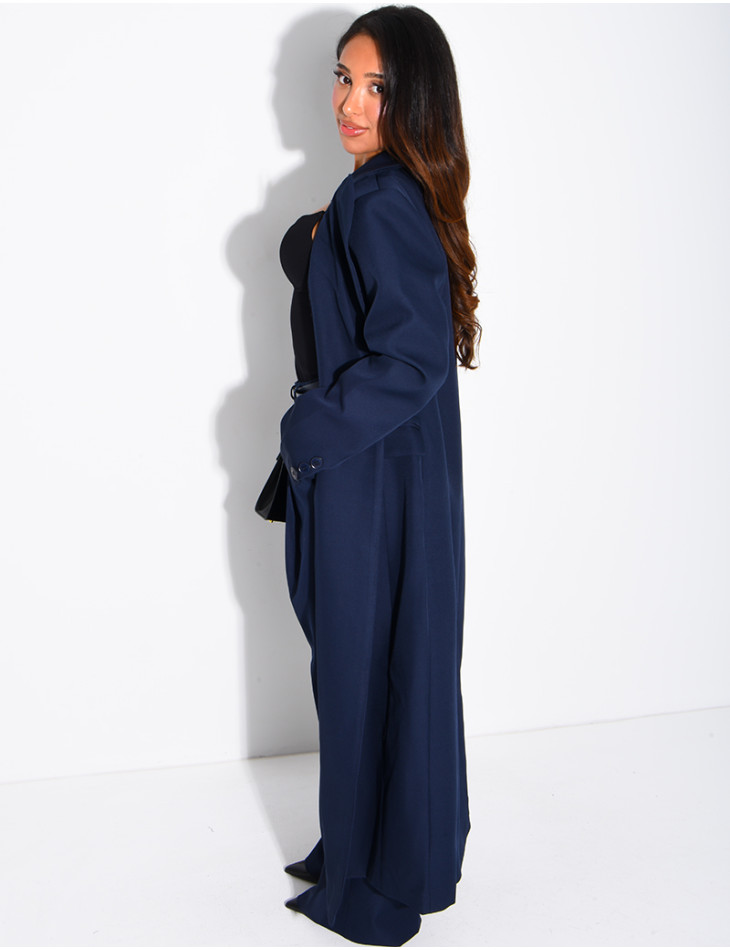 Manteau style blazer très long cintré à la taille