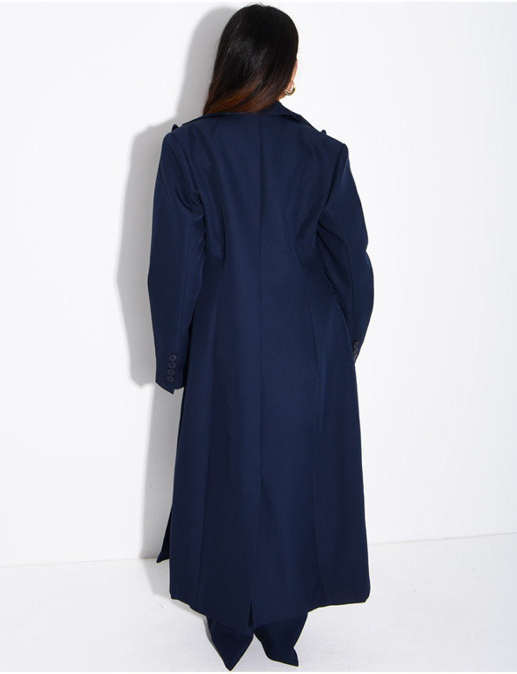 Manteau style blazer très long cintré à la taille