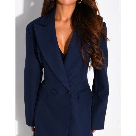 Manteau style blazer très long cintré à la taille