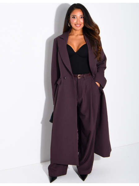 Manteau style blazer très long cintré à la taille
