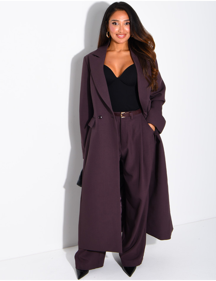 Manteau style blazer très long cintré à la taille