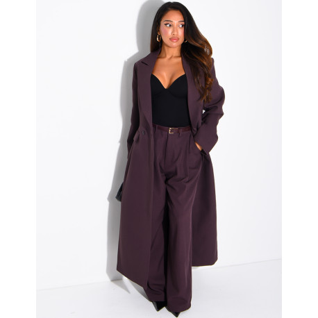 Manteau style blazer très long cintré à la taille