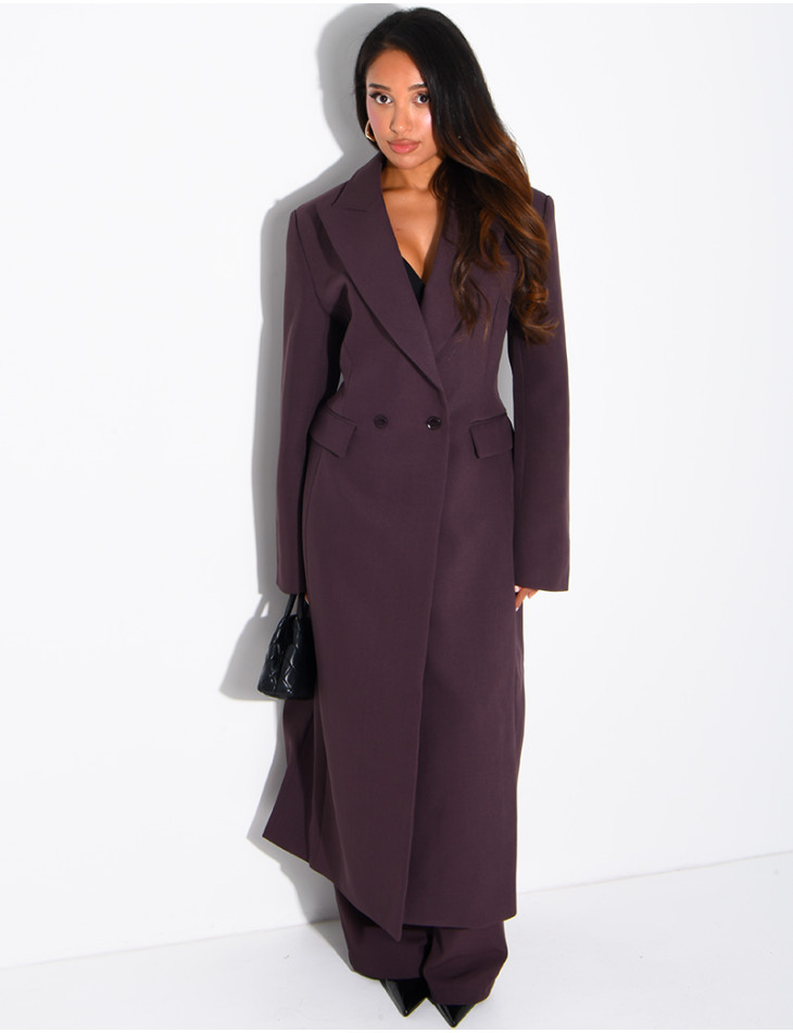Manteau style blazer très long cintré à la taille