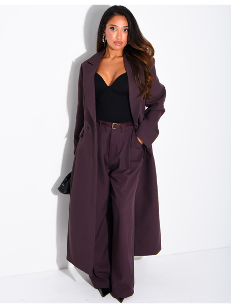 Manteau style blazer très long cintré à la taille