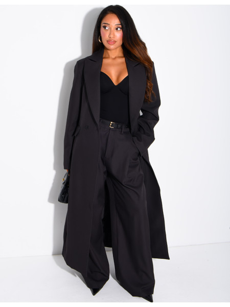 Manteau style blazer très long cintré à la taille