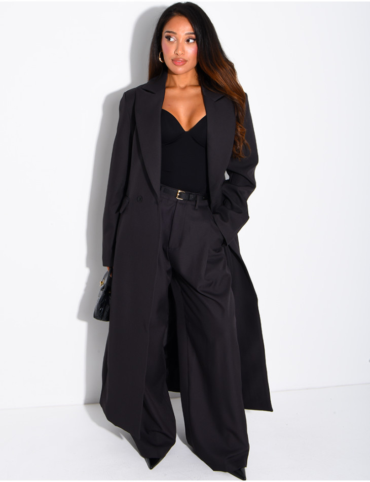 Manteau style blazer très long cintré à la taille
