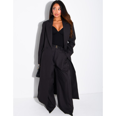 Manteau style blazer très long cintré à la taille