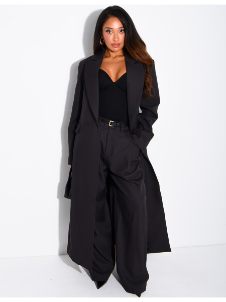 Manteau style blazer très long cintré à la taille