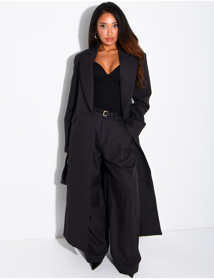 Manteau style blazer très long cintré à la taille