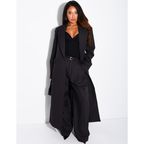 Manteau style blazer très long cintré à la taille