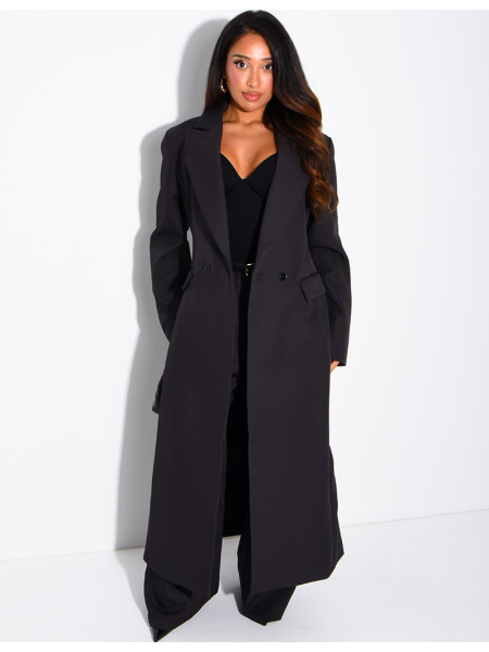 Manteau style blazer très long cintré à la taille