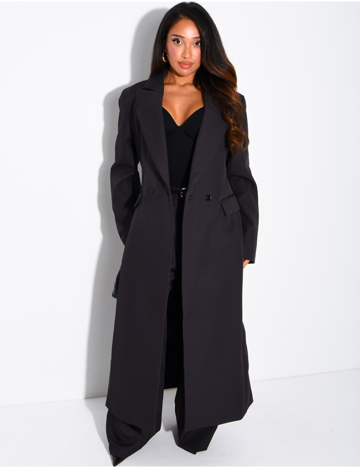 Manteau style blazer très long cintré à la taille