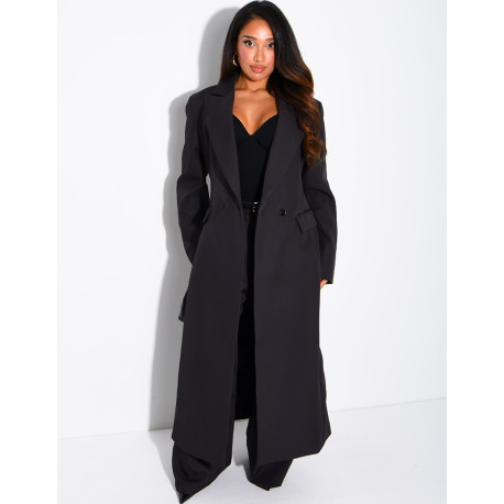 Manteau style blazer très long cintré à la taille