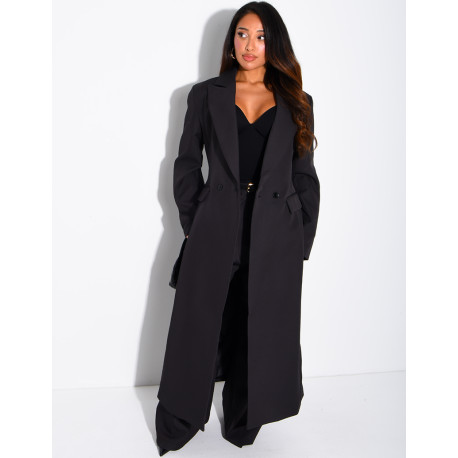 Manteau style blazer très long cintré à la taille