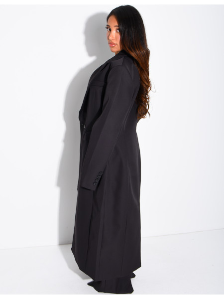 Manteau style blazer très long cintré à la taille
