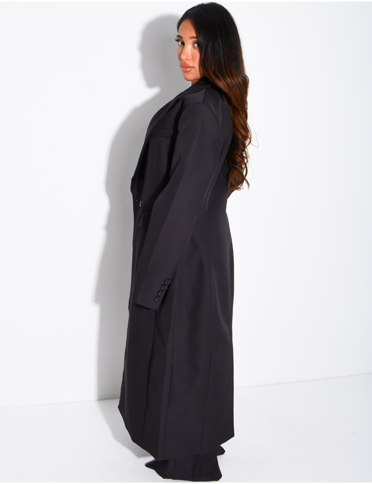 Manteau style blazer très long cintré à la taille