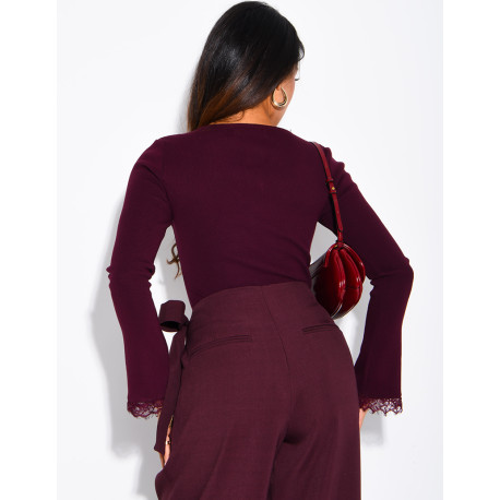 Fitted ribbed jumper with lace trim