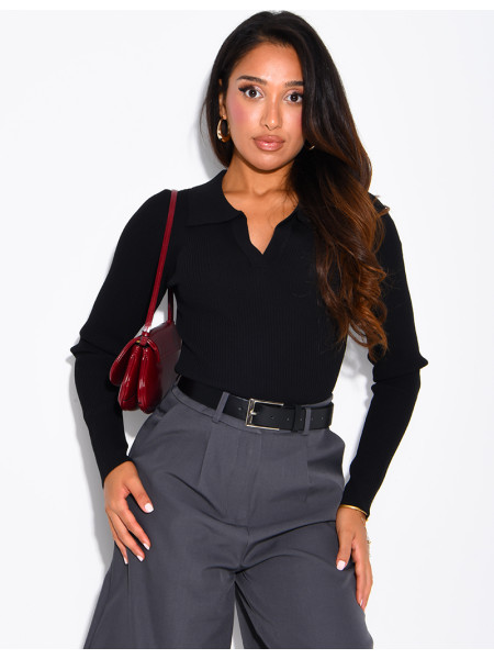 Ribbed knit bodysuit with a polo collar