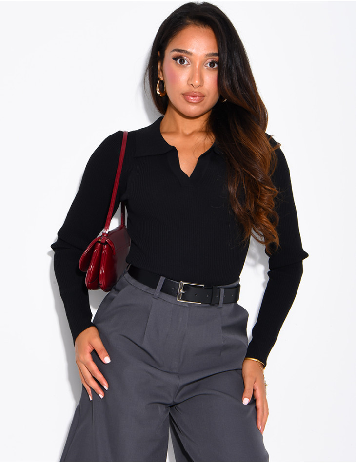 Ribbed knit bodysuit with a polo collar