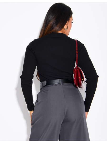 Ribbed knit bodysuit with a polo collar