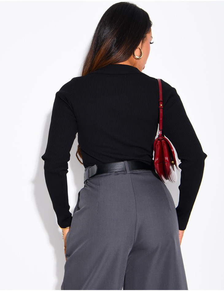 Ribbed knit bodysuit with a polo collar
